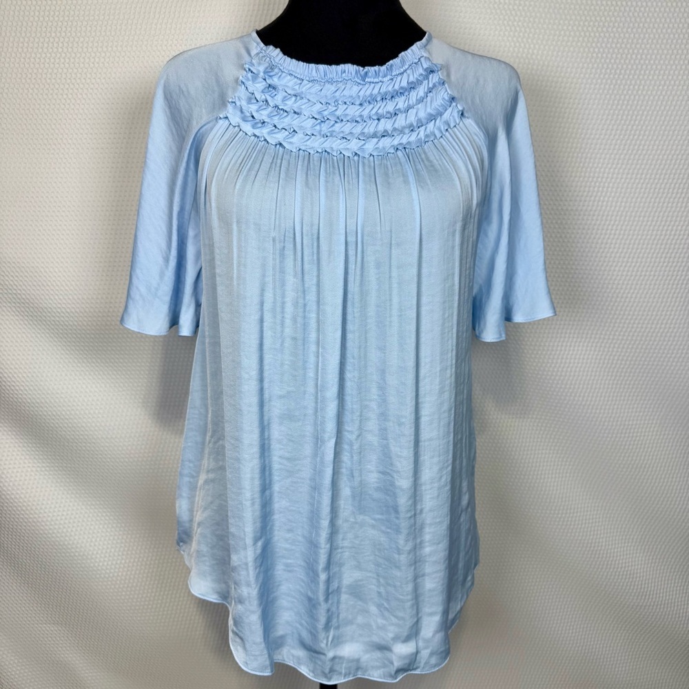 Vince Camuto Light Blue Ruffle Neck Blouse Size Small NWT Flowy Pleated Top